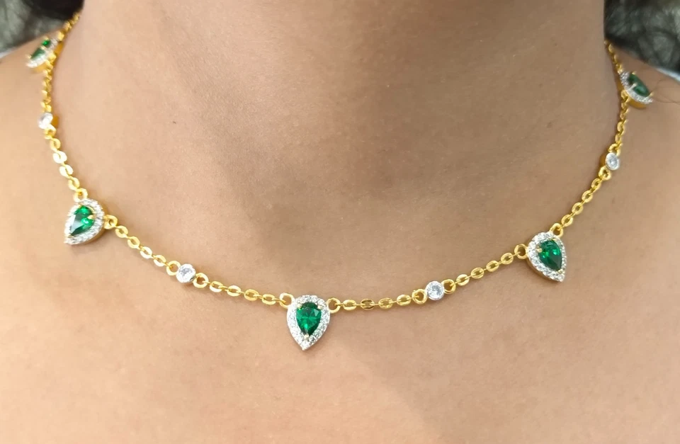 3.5Ct Birne Simulierte Smaragd & Diamant Halsband 45.7cm 14K Gelbgold - Bild 2 von 4