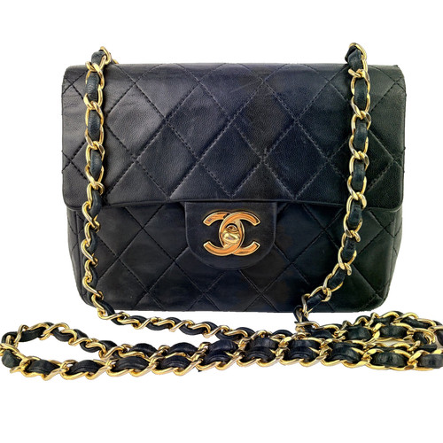 CHANEL Mini Square Classic Vintage Quilted Single Flap Bag Black Lambskin GH