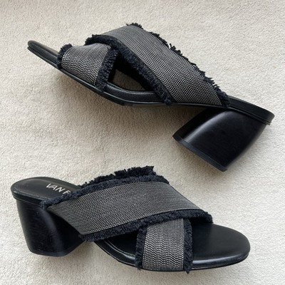 VANELi Baret Black Fringed Canvas Silver Small Studs Block Heel Sandal Women 6.5