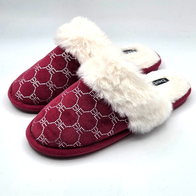 BEBE Women's Faux Fur Trim  Slippers & Rhinestones Logo Burgundy NEW Sz 8