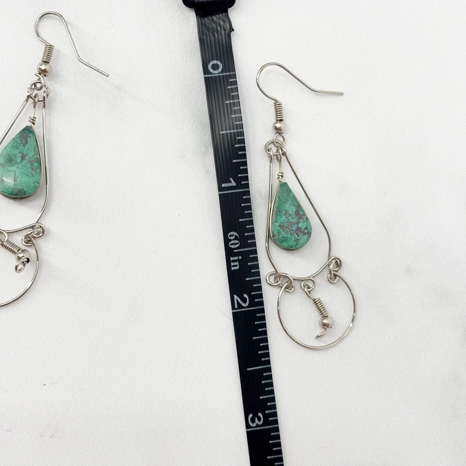 Boho Dangle Earrings Turquoise Gemstone Teardrop Dangles Silver Tone Artesian - Image 4 of 4