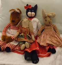 JOB LOT x 4 VINTAGE CAT  RABBITS & FOX DOLL TEDDY BEARS OOAK EDITH MOODY ?
