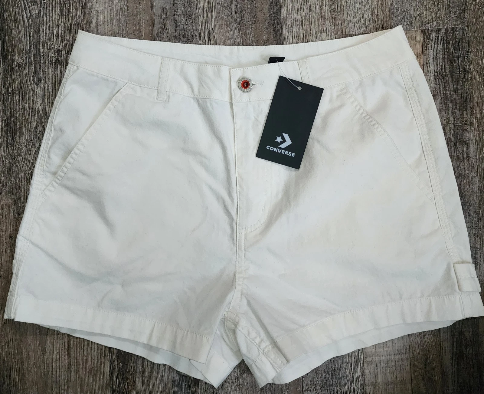 Converse pantaloncino donna taglia 10 bianco vintage pantaloncino carpentiere elasticizzato 30 nuovo con etichetta