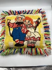 Vintage Raggedy Ann  Andy On Both Sides Square Pillow Yellow With Fringes