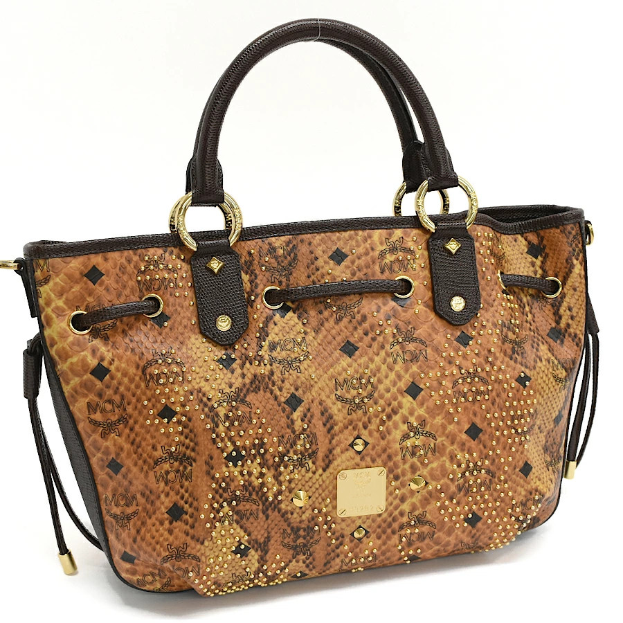 MCM Python Embossed Leather Handbag Brown 21in 32… - image 1