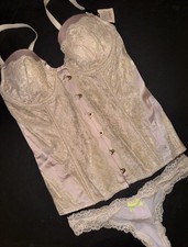 Victoria's Secret 34B CORSET TOP BUSTIER XS thong satin ICE PINK GOLD FOIL LACE