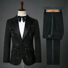 2 Pcs Mens Suits Costume Crystal Beading For Men Groom Wedding Suit Prom Tuxedo