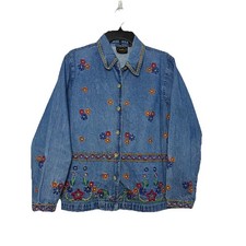 Vintage Embroidered Floral Denim Lightweight Jacket Women  s L Button Up Boho 90s