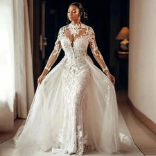 High Ncek Mermaid Wedding Dresses Long Sleeves Applique Detachable Bridal Gowns