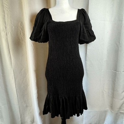 Dear John Mini Dress Reactive Black Camille Smocked Bodice Sz Small  Puff Sleeve