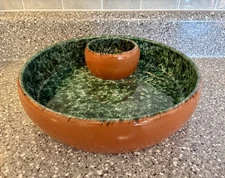 Over And Back Inc Terracotta Chip & Dip Bowl Glazed Speckled Green Made in ITALY