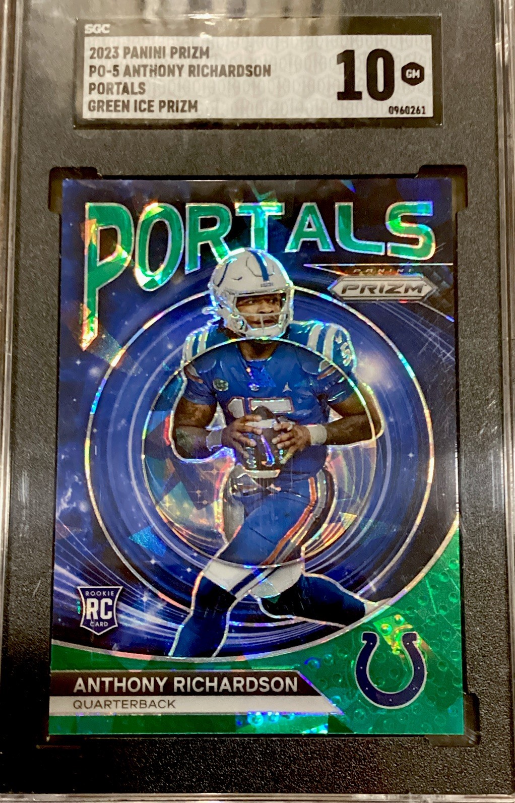 Panini 2023 Prizm Portals Green Ice Prizm Rookie Anthony Richardson #PO-5 SGC 10