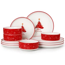Plates and Bowls Sets, 12 Pieces Christmas Porcelain Dinnerware Set for 4, Ce...