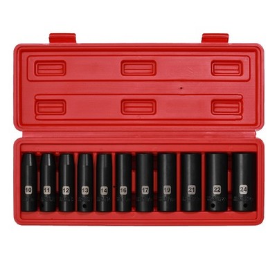 1/2'' Drive Deep Metric Impact Socket Set, CR-V, 6 Point, 11 Pieces, 10mm to 24mm