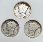 Set of 1928 P, S, D Mercury Dimes 10C Circulated Silver 0.9 Fineness Ungraded