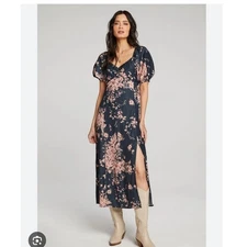 Saltwater LUXE Alyvia Midi Dress M Dark Ivy Floral Cottage Boho Smocked Puff 