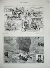 Original Old Antique Print 188 Aldershot Battle Ship Warrior Aeronauts Balloon
