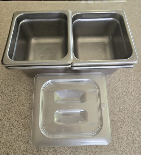 Stainless Steel Food Pans Set of 4 with Lids Food Service Hot Or Cold 1/6 Size