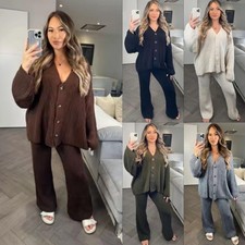 Womens Chunky Knit Button Up Cardigan Wide Leg Trousers Co Ord Lounge Wear Set
