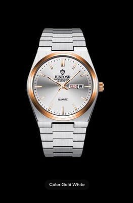 BINBOND Silver Gold Metal Quartz Wristwatch Analog Day/Date Brushed Bracelet