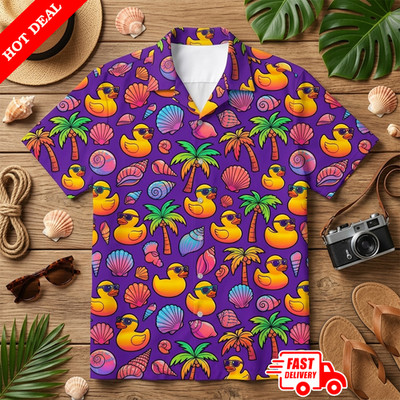 Mens Purple Hawaiian Shirt Rubber Duck Sunglasses Aloha Tropical Beach Party