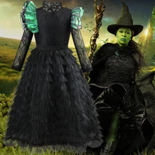 Kids 2024 Movie Wicked Wizard Cosplay Elphaba Girl Black Dress Costume Cloak