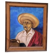 Vintage Oil Painting Mexican Cowboy Smoking Pipe Signed Rogubl Framed 28.5 x 24
