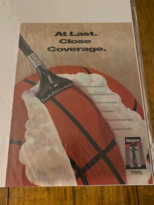 Vintage 1993 Schick Tracer Razor Close Coverage Basketball Being Shaved ad