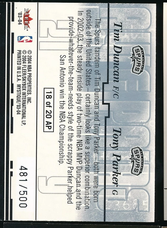 2003-04 Mystique Tim Duncan Tony Parker Awe Pairs #'d /500 San Antonio Spurs HOF - Image 2 of 2