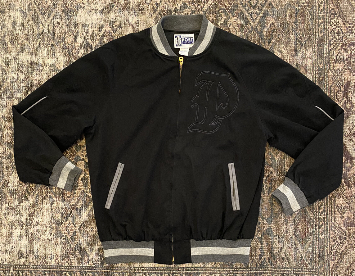 Post Overalls Black Varsity Letterman Bomber Jacket SZ M