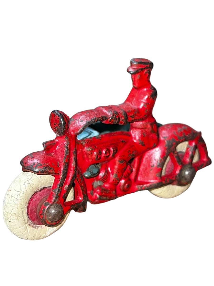Hubley Cast Iron Cop Motorcycle Toy 1930's W/ SIDECAR IN RED