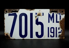 1912 MARYLAND Porcelain License Plate # 7015