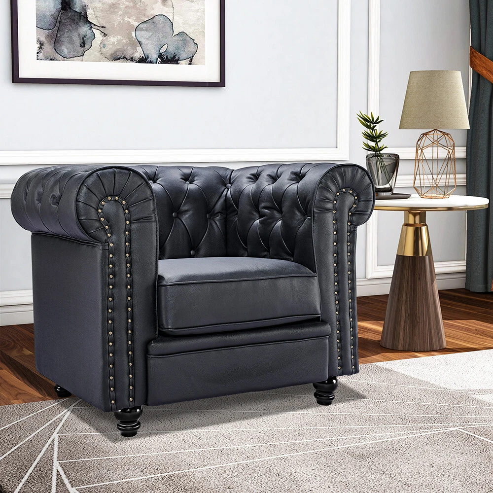 BLACK Genuine Leather Chesterfield Sofa Armchair Club Seat Chair