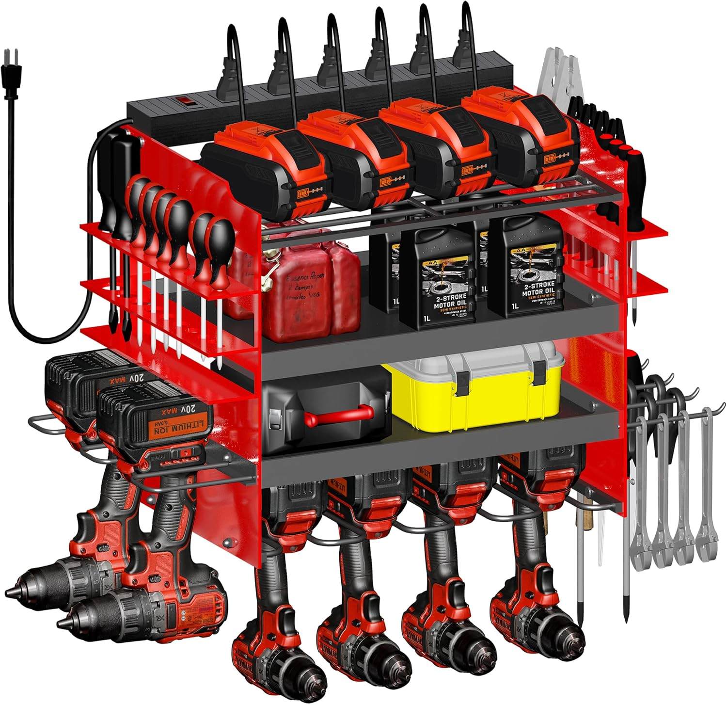 4-Layer Heavy Duty Wall Mount Power Tool Organizer with Charging Station