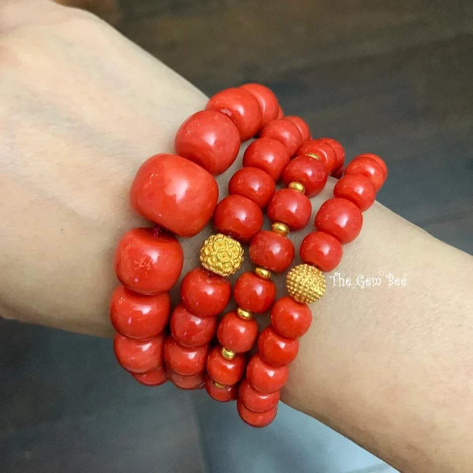 Brazalete elástico 8,5-9,3 mm oro 18K sin teñir barril de cerdeña cuentas de coral rojo 6,8" Foto 2 de 4