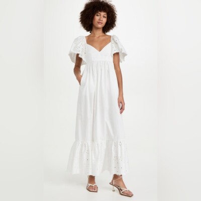 En Saison Women's Barnette Dress Eyelet Flutter Sleeve White Maxi- Size Medium