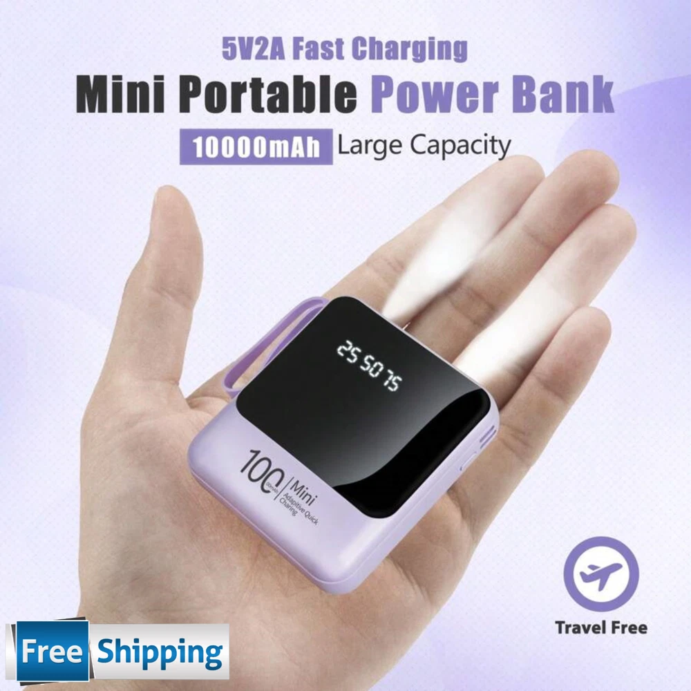 Power Bank 10000mAh Mini Portable – Fast Charging, Built-in Cables, LED Light