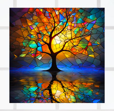 Tree with Reflection  Faux Stained-Glass WINDOW CLING Size 8" Square Vinyl