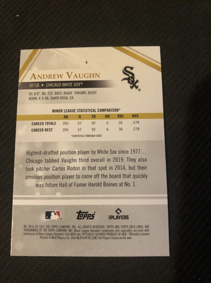 2021 Topps Gold Label Andrew Vaughn #4 Chicago White Sox Rookie - Image 2 of 2