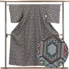 Recycled Tsumugi Silk Kimono Black Kikkou Pattern Awase Women's M