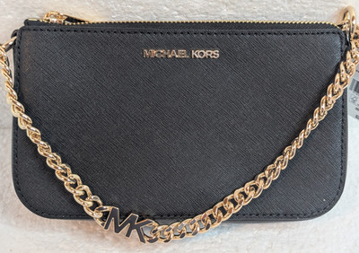 Michael Kors Jet Set Black Small Clutch Purse Gold Logo Chain, Brand New W/Tags