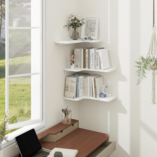 Corner Floating Shelves, Set of 3 Corner Wall Shelves with Wire Hole, L-Shape... - Picture 6 of 8