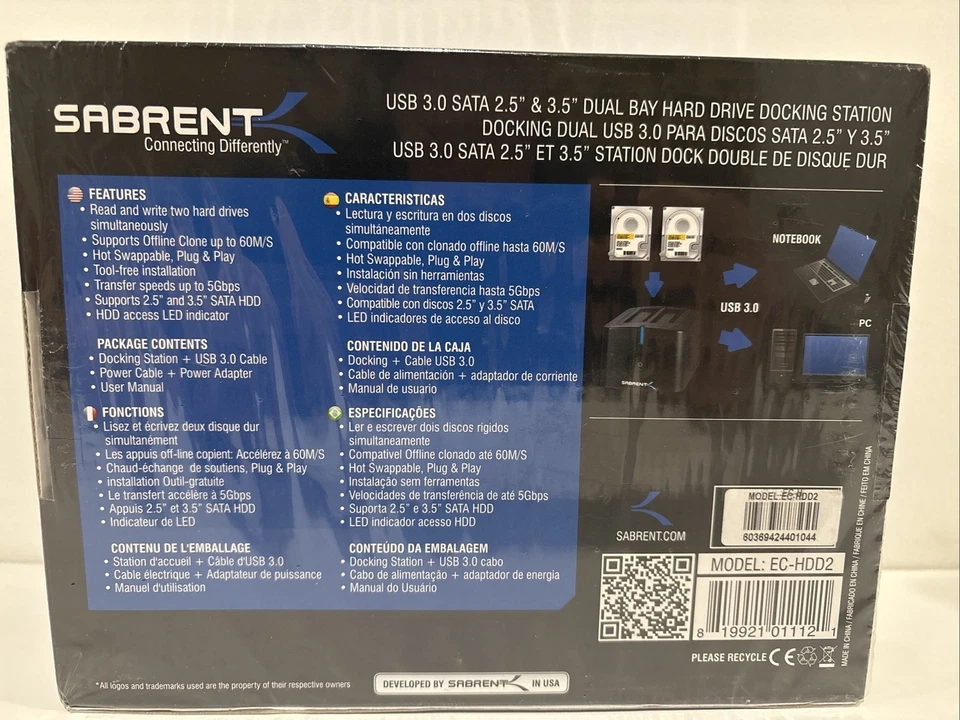 Sabrent USB 3.0 to SATA Dual Bay External Hard Drive Docking Station EC-HDD2-NEW - Image 2 of 4