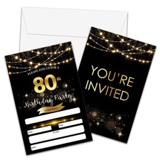 80th Birthday Invitations with Envelopes - Black Gold Glitter Fill-in Invites...