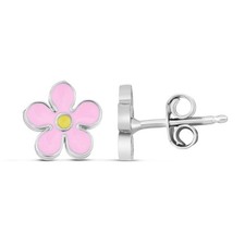 Sterling Silver Enamel Pink Flower Stud Earrings