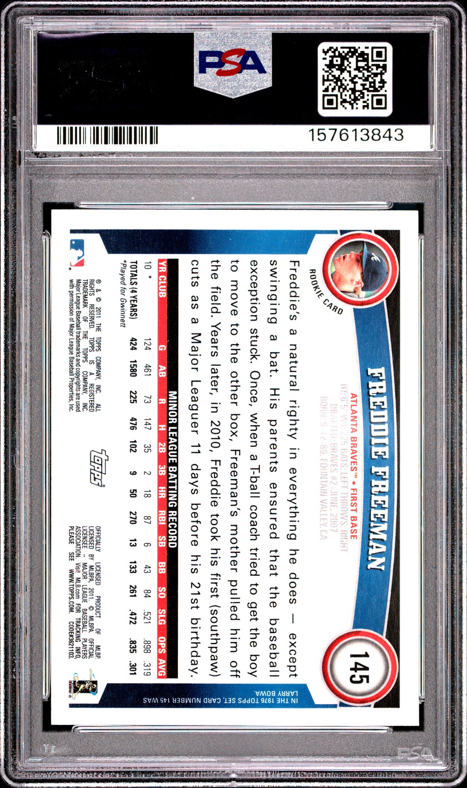 2011 Topps #145 Freddie Freeman PSA 9 view 2