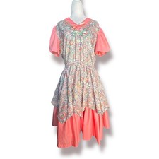Vintage 80s Handmade Floral Prairie Dress Square Dancing Coral Pink Cottage Midi