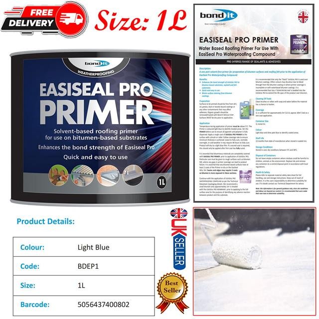 Bond It 1L Easiseal Pro Primer Solvent Roofing Waterproofing Compound Tub L Blue