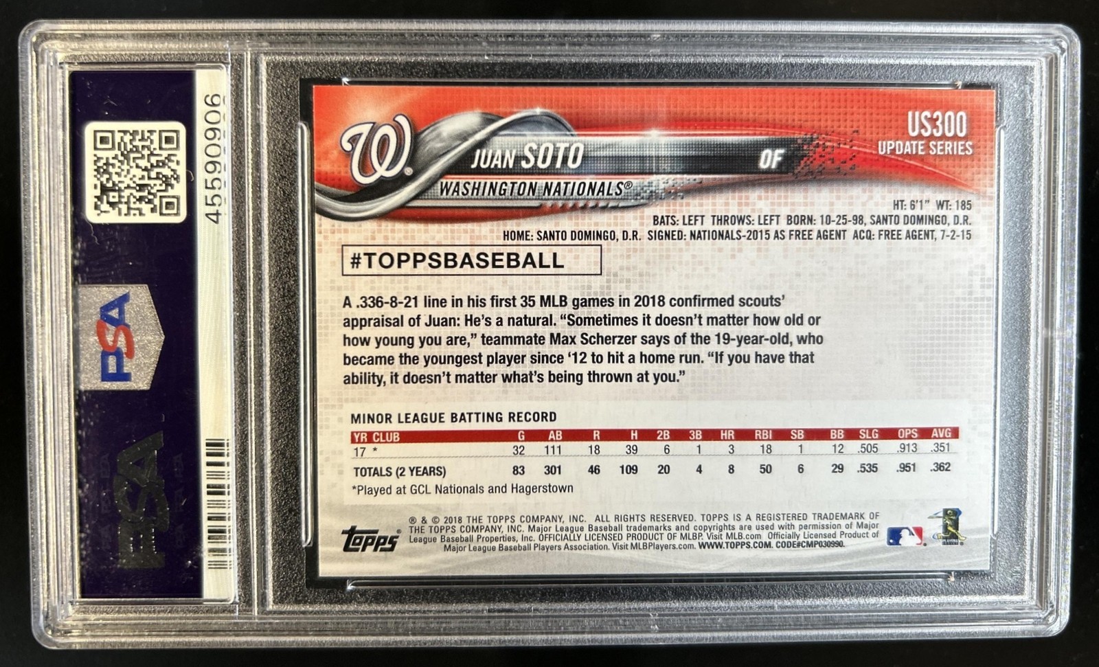 2018 Topps Update Juan Soto RC Rookie All-Star #US300a Nationals PSA 10 GEM MINT view 2