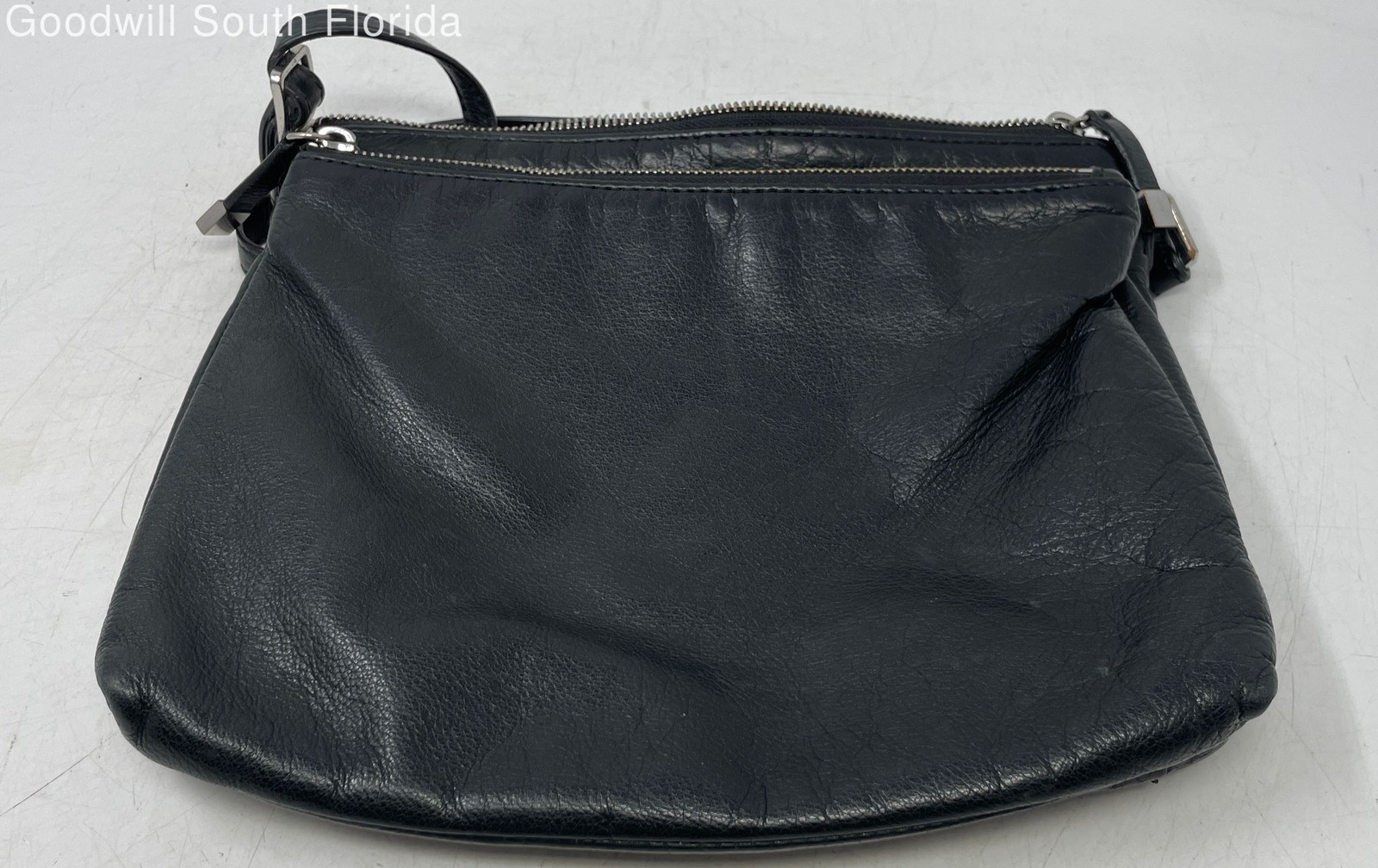 Margot Womens Black Leather Zipper Inner Divider Adjustable Strap Crossbody Bag